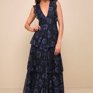 Lulus Molinetto Navy Blue Lace Ruffled Tiered Sleeveless Maxi Dress - Size L